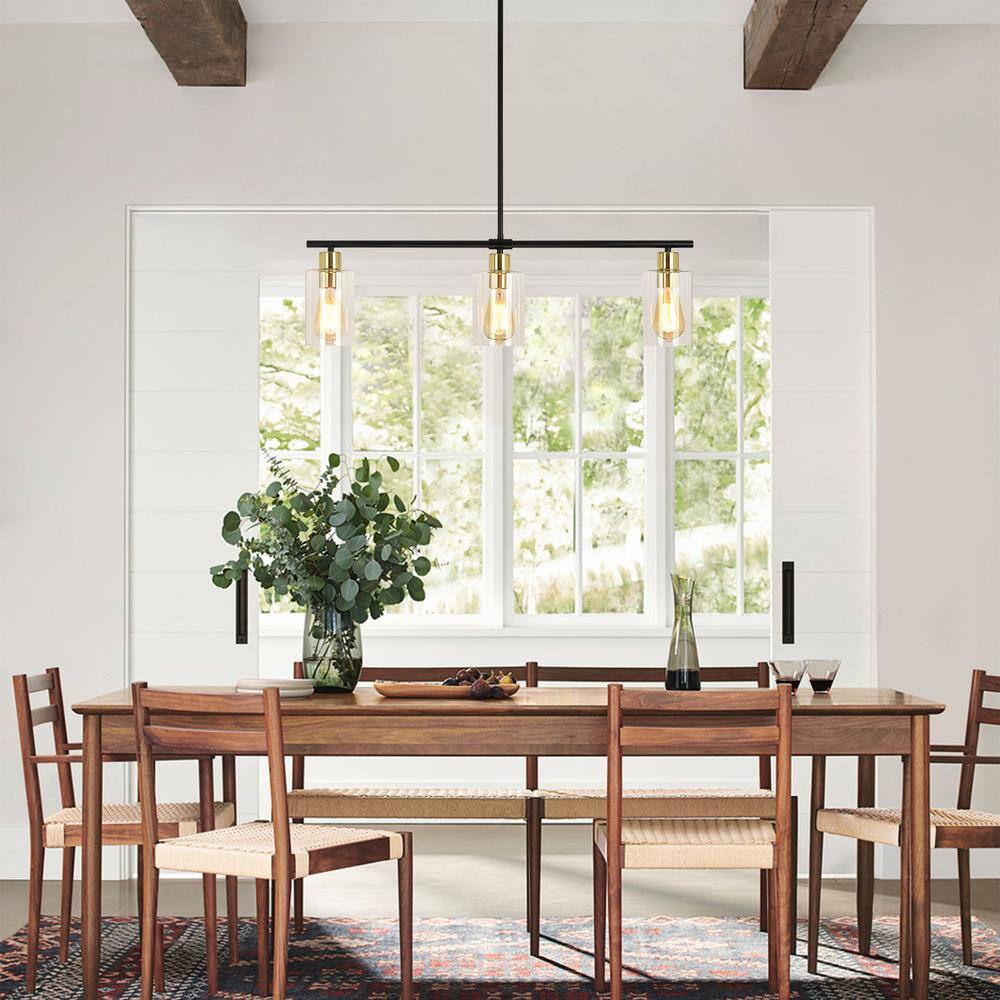 Black and Gold Linear Metal Chandelier with Clear Glass Shades