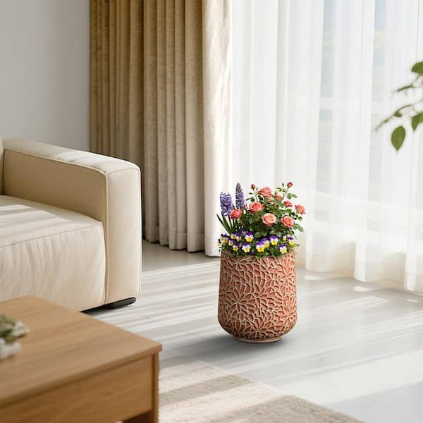 13 in.W x 13.5 in.H Round Concrete Flower Planter w/ Teal Floral Patterns Medium Plant Pot w/ Drainage Holes Included