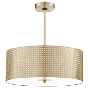 Grid 75-Watt 3-Light Soft Brass Drum Pendant Light with Perforated Metal Shade and No Bulbs Included