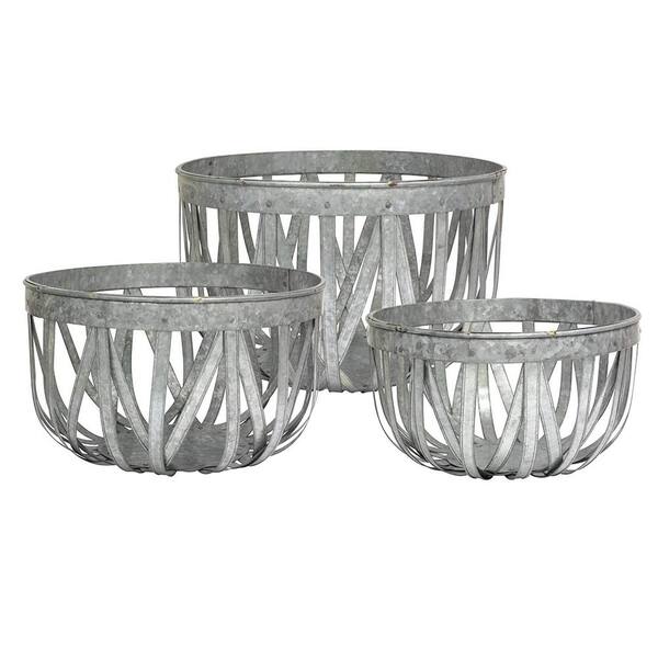 Stonebriar Collection - 18 in. X 12 in. Large Antique Galvanized Metal Round Open Weave Baskets (Set of 3)