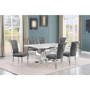 Ibraim 7-Piece Rectangle White Marble Top With Stainless Steel Base Dining Set With 6 Dark Grey Velvet Iron Leg Chairs
