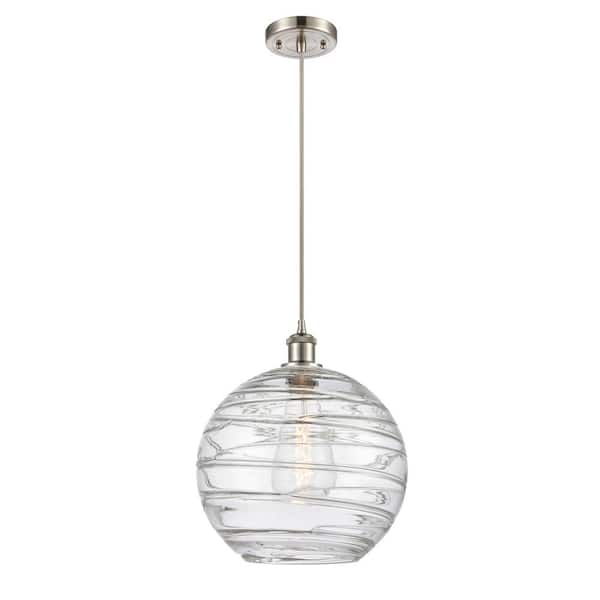 Athens Deco Swirl 1-Light Brushed Satin Nickel Globe Pendant Light with Clear Deco Swirl Glass Shade