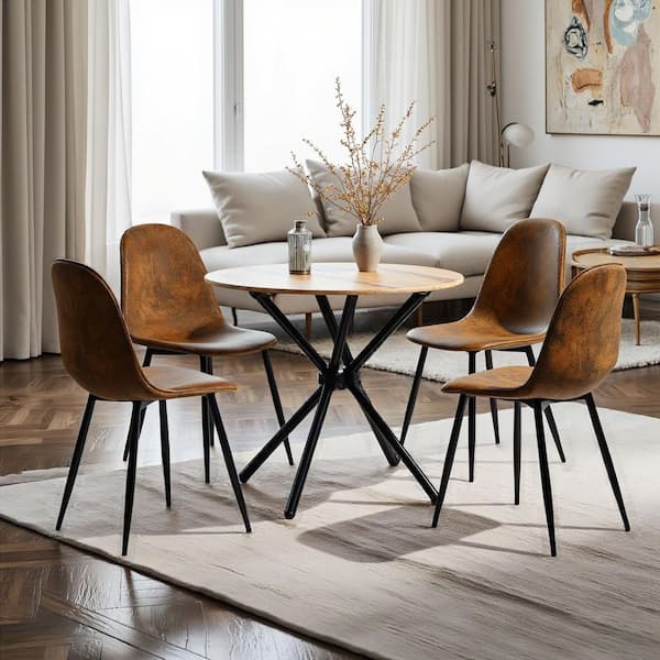 CHARFONTANA Modern 5-Piece Natural Oak Round Dining Table Set with 4 Upholstered Chairs in Stone Grey. (Seats 4)