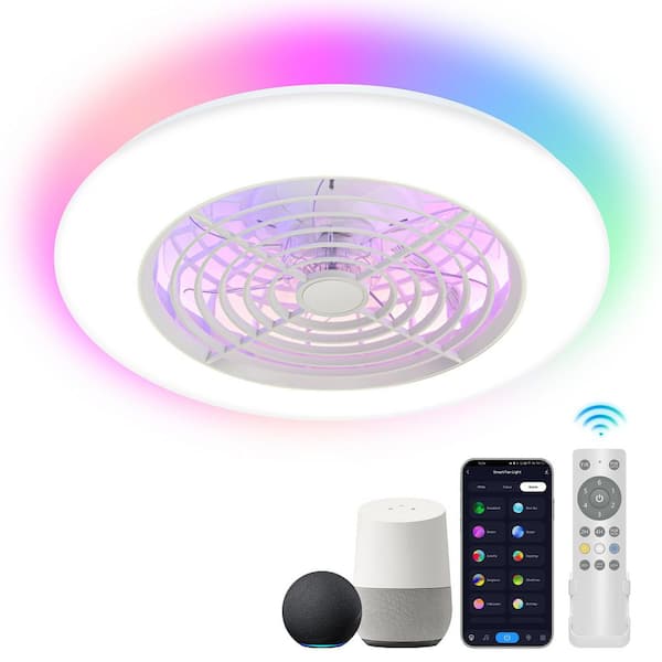 Breezary 19 in. Smart Indoor White Low Profile Ceiling Fan with RGB Light, APP Control and Remote Control