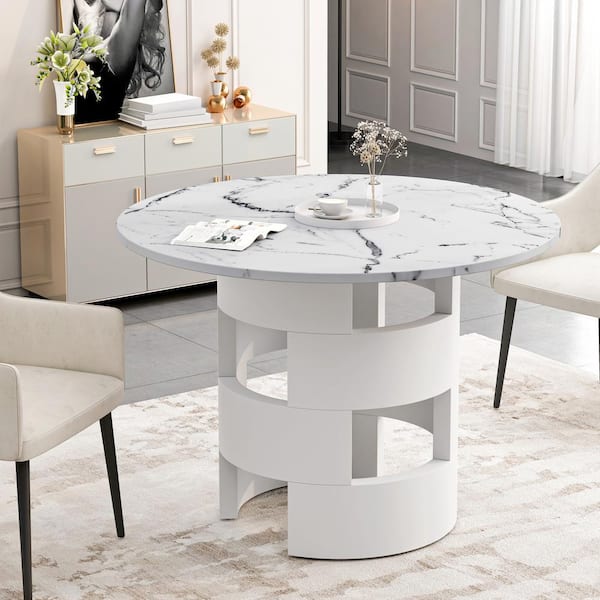 Magic Home 42.12 in. Modern Round Dining Table with White Marble Table ...