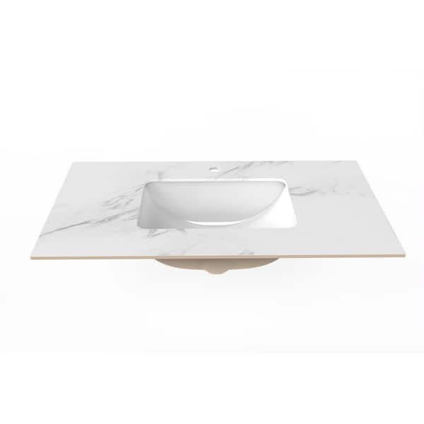 castellousa Cassandra 36 in. W x 22 in. D Porcelain Vanity Top in White Marble Finish with White Sink Basin