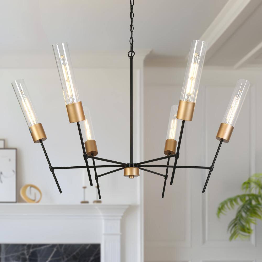Modern 6-Light Gold Chandelier with Cylinder Clear Glass Shade, Minimalist Branch Black Chandelier Light for Dining Room price history on PriceWatchPro