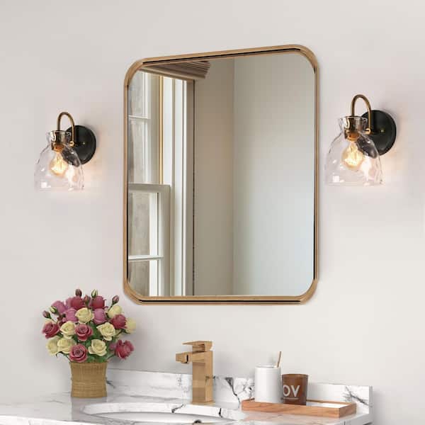 1-Light Black and Gold Wall Sconce with Bell Ripple Glass Shade