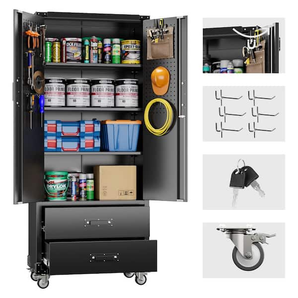 31.5 in. W x 72 in. H x 16.5 in. D Storage Cabinet with 3-Shelf and 2-drawers Metal Freestanding Cabinet in Black