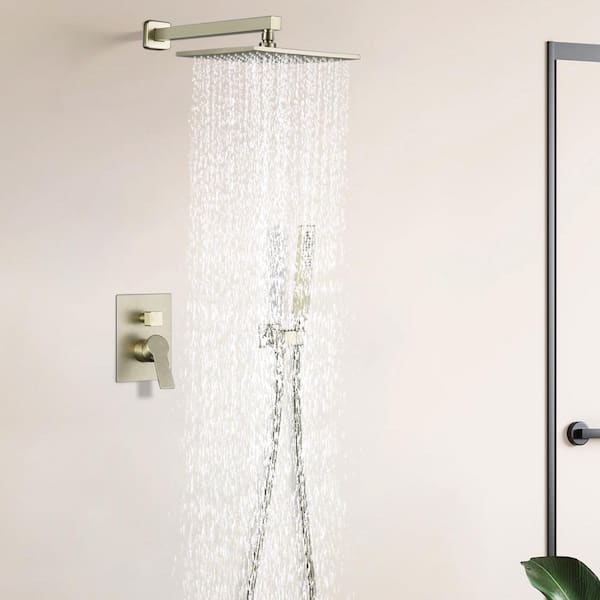 Satico Single Handle 2-Spray Wall Mount 10 in. Square Shower Head with Hand Shower Faucet in Brushed Nickel (Valve Included)