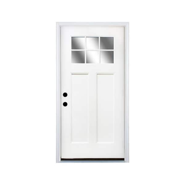 36 in. x 80 in. 2 Panel Right-Hand 6 Lite Clear Glass White Primed Fiberglass Prehung Front Door with Threshold, Hinge