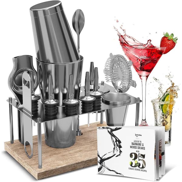 HEARTH & HARBOR 17-Piece Stainless Steel Bartender Kit-Bar Cocktail Shaker  Set, 30 oz. Book, Muddler, Jigger and Pourers with Wood Stand JT-BS-SV -  The Home Depot