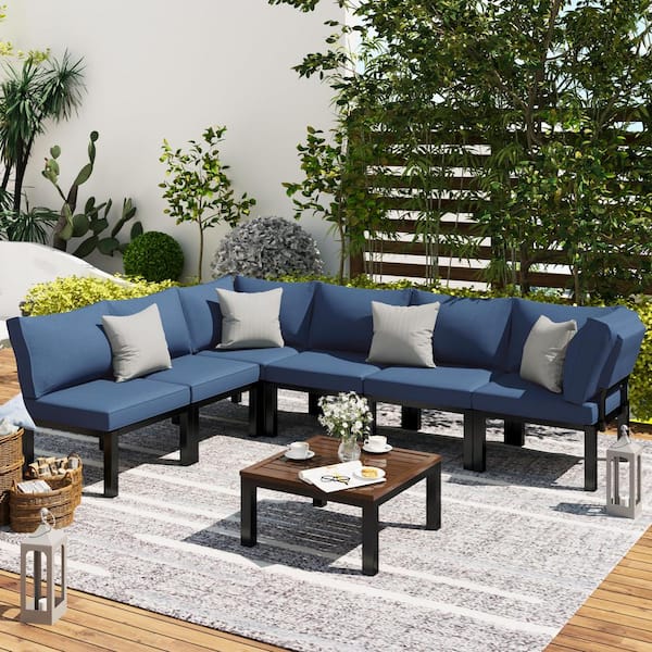 AECOJOY Black 7-Piece Metal Patio Sectional Conversation Set with Blue Cushions