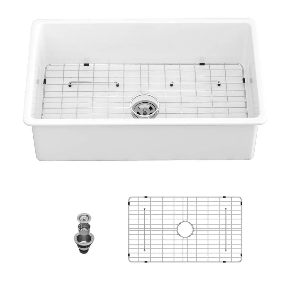 32 in. Drop-In/Undermount Single Bowl White Ceramic Kitchen Sink with Grid and Drain price history on PriceWatchPro
