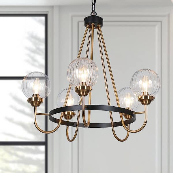 5-Light Brass Chandelier Lighting, Sputnik Pendant Lights for Kitchen Island, Modern Black Chandelier with Round Glasses
