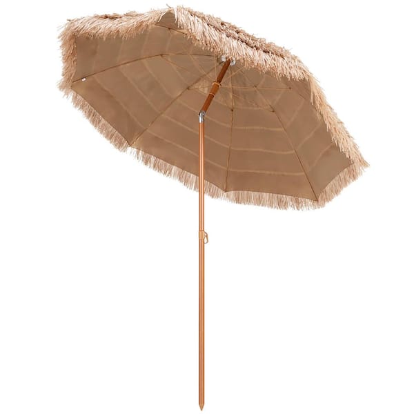 Costway 7.2 ft. Metal Tilt Patio Thatched Tiki Beach Umbrella with Tilt 8 Ribs Hawaiian Hula