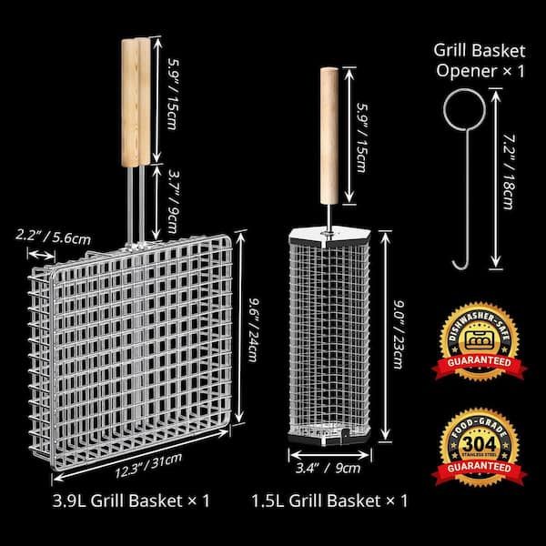 304 Stainless Steel Grill Basket Set with Wooden Handle for Vegetable, Fish, Outdoor Cooking, Camping and Gifts (1-Pack)