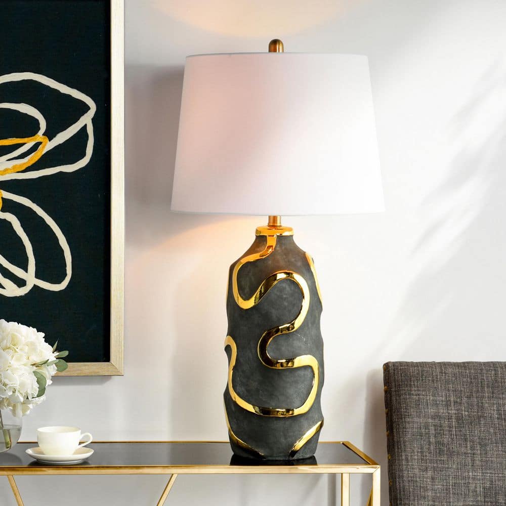 32 in. Gold Contemporary Bedside Table Lamp for Living Room with White Linen Shade price history on PriceWatchPro