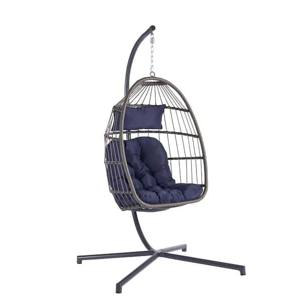 Miscool Anky 3.4 ft. D 1-Person Gray Wicker Free Standing Hanging Egg Chair Patio Swings Hammock Chair with Dark Blue Cushions