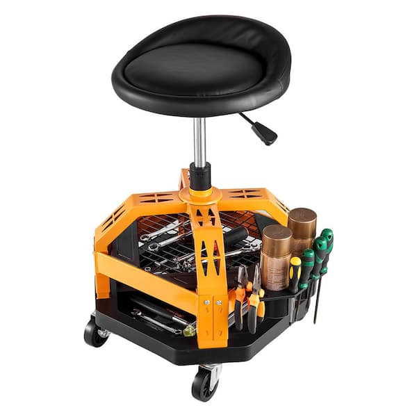 Adjustable Rolling Shop Stool, Heavy-Duty Pneumatic Garage Seat with 300 lbs. Capacity, 360° Swivel Padded Seat