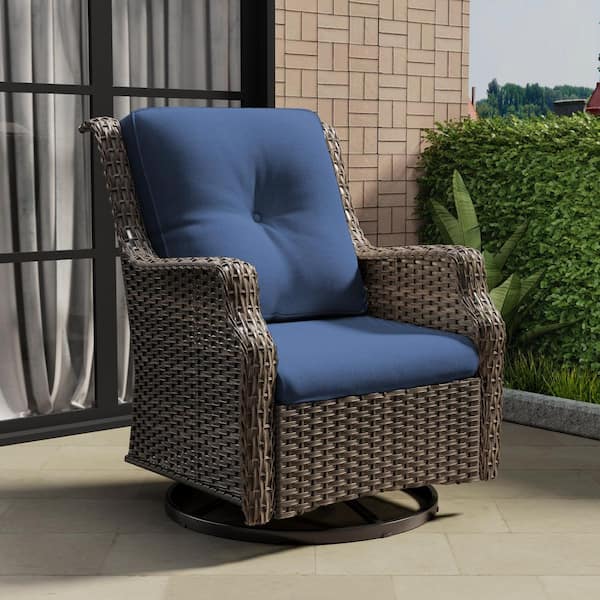 Outdoor Patio Wicker Lounge Chair Swivel Rocking Chair with Blue Cushions
