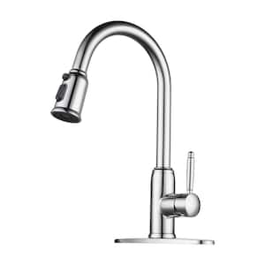 3 Functions Single Handle Pull Down Sprayer Kitchen Faucet with Deckplate in Stainless Steel Polished Chrome