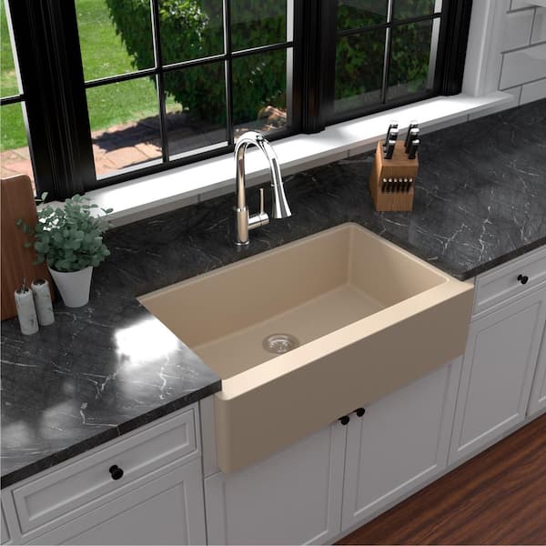 Karran Farmhouse/Apron-Front Quartz Composite 34 in. Single Bowl Kitchen Sink in Bisque