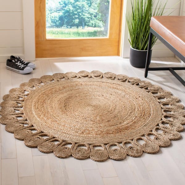 Natural Fiber Beige 4 ft. x 4 ft. Solid Color Round Area Rug