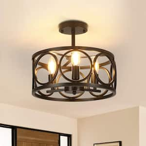 13 in. 3-Light Black Cage Drum Semi-Flush Mount Ceiling Light Fixtures Industrial Farmhouse Style for Kitchen Island