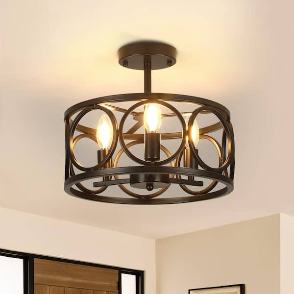 TOZING 13 in. 3-Light Black Cage Drum Semi-Flush Mount Ceiling Light ...