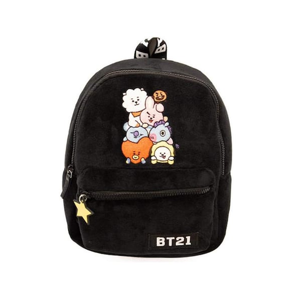 Line Friends BT21 Plush Backpack - Plush Mini Backpack - TaTa, Van, Chimmy, Cooky, SHOOKY and RJ (Black)