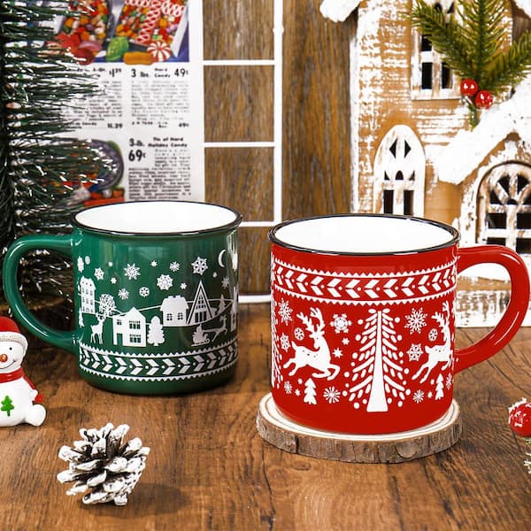 Numhew 2 Pcs Red Green Ceramic Christmas Tree Snowflake Elk Christmas  Coffee Mugs with Handle for Holiday Xmas Winter Party Z1T0F1F0