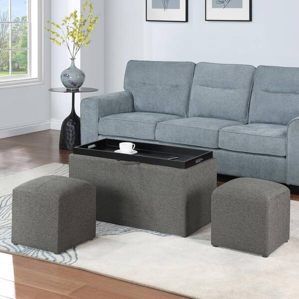 Convenience Concepts Designs4Comfort Soft Gray Fabric Reversible Tray Storage Bench with 2 Side Ottomans R8 168