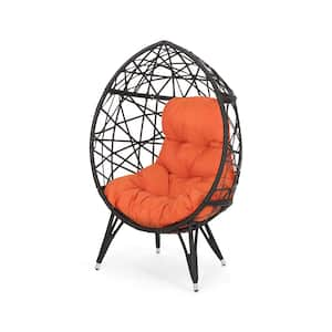 Brown Wicker Outdoor Lounge Chair with Orange Cushion