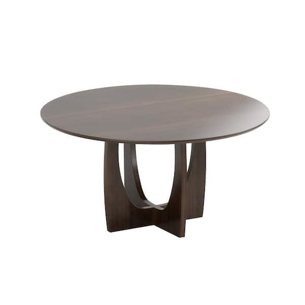 59 in. Oak Wood Walnut Column Pedestal Arch Cross-Leg Round Kitchen Table Dining Table Seats-6