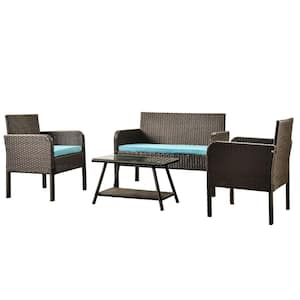 Brown 4-Piece Wicker Rattan Outdoor Conversation Set Seating Group with Blue Cushions