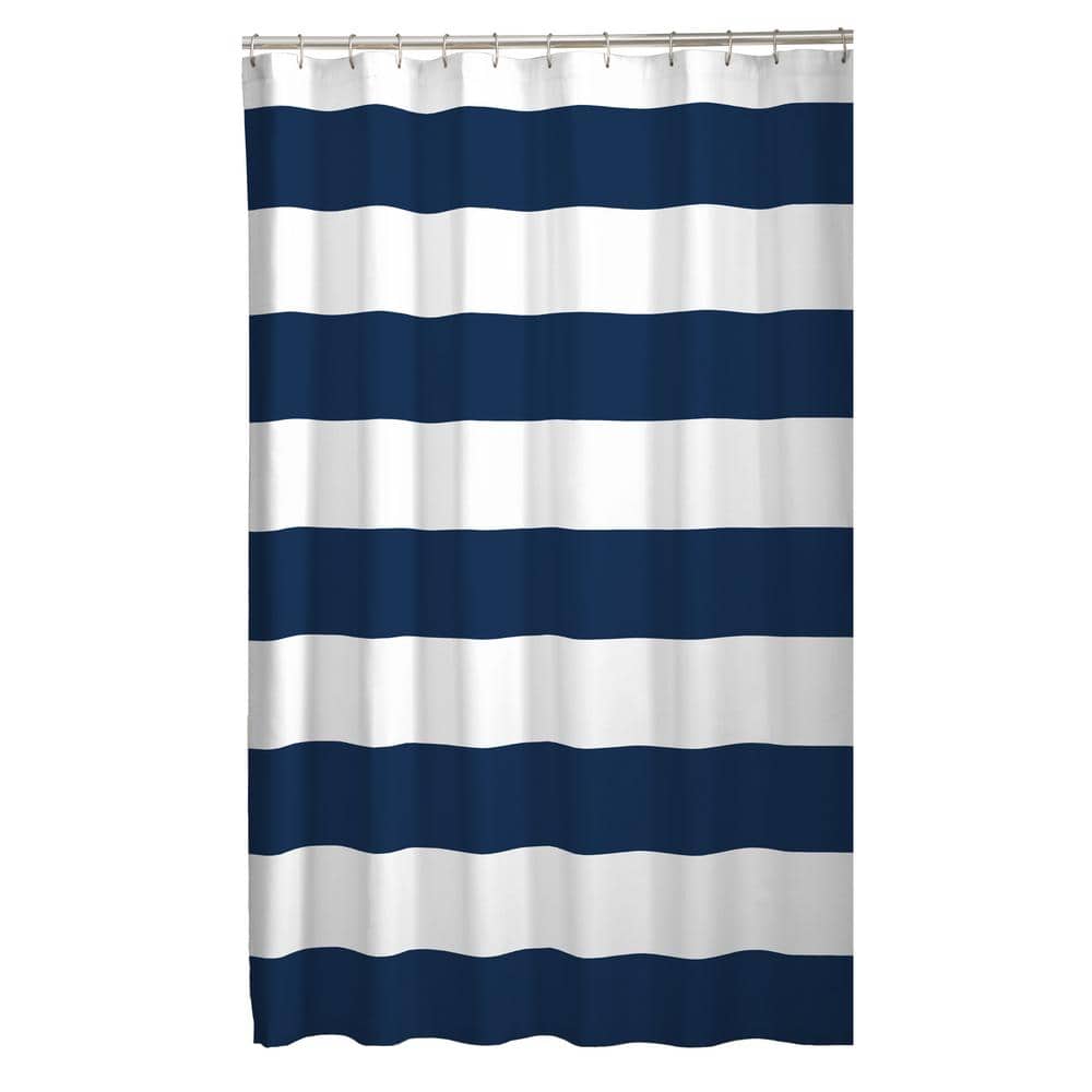 Navy and White Polyester Stripe Shower Curtain with Liner