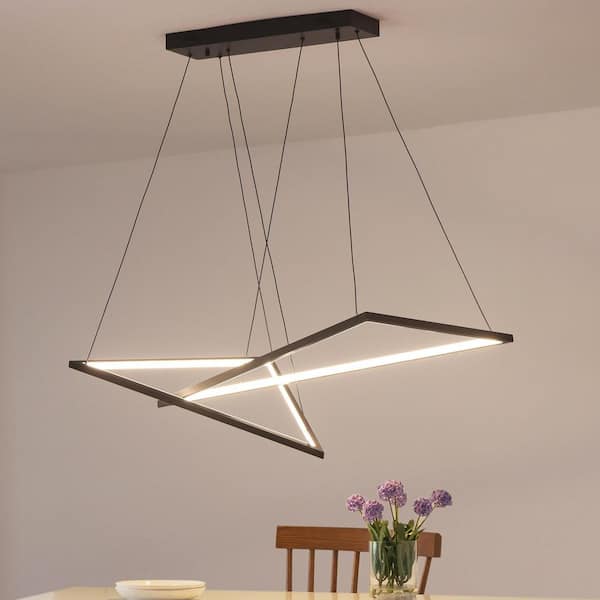 2 Lights Triac Dimmable Integrated LED Black Triangle Chandelier for Living Room Dining Room, 3000K Warm Light