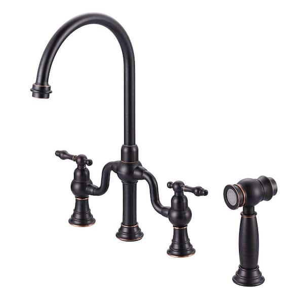 8 in. Centerset 4 Hole Double Handle Brass Bridge Kitchen Faucet with Side Sprayer in Oil Rubbed Bronze