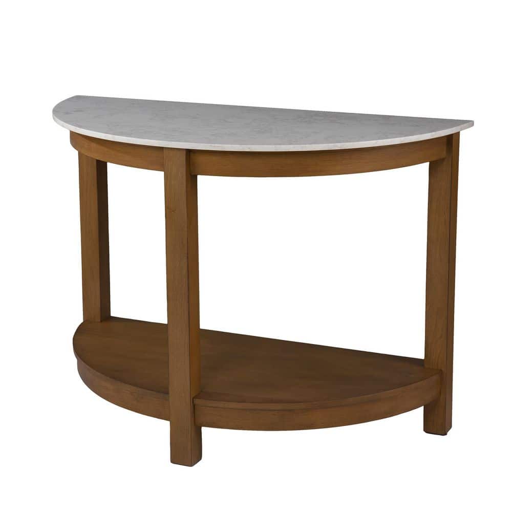 White and Natural Faux Marble Demilune Console Table with Storage