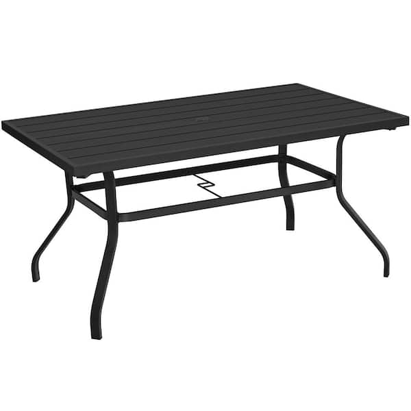 Cisvio 6-Person Outdoor Metal Steel Slat Dining Rectangle Table with Adjustable Umbrella Hole, Black