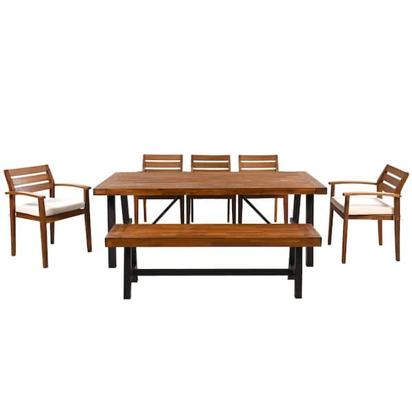 Brown 7-Piece Patio Acacia Wood Outdoor Dining Set with Table, 5 Chairs, Long Bench and Removable Beige Cushions