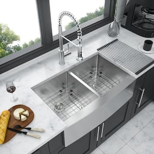 33 in. Farmshouse Double Bowl 16 Gauge Brushed Nickel Stainless Steel Kitchen Sink with Bottom Grids