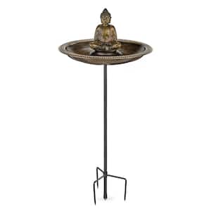 18 in. Beaded Copper Birdbath with Meditating Buddha and Garden Pole