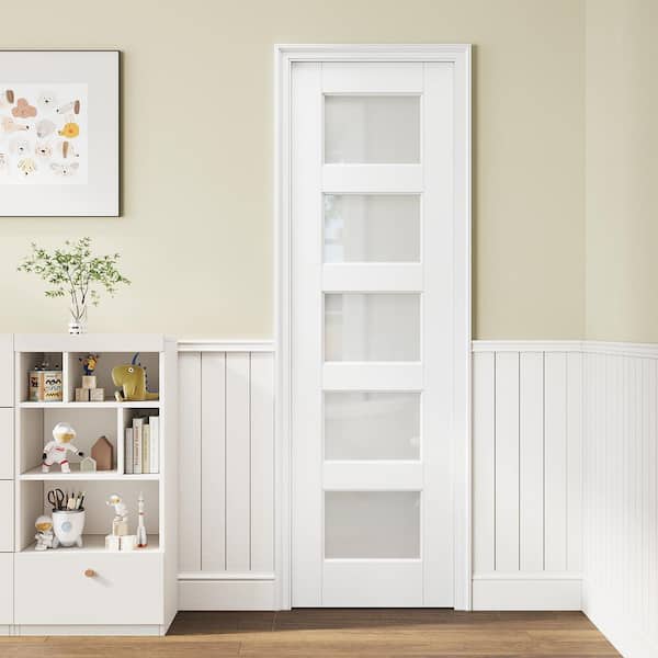 18 in. x 80 in. Solid Core 5-Lite Tempered Frosted Glass White Primed Glass Interior Door Slab