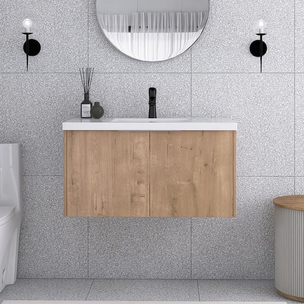 Unbranded 36 in. W x 18 in. D x 20 in. H Single Sink Wall Mounted Bath Vanity in Imitative Oak with Ceramic Vanity Top in White