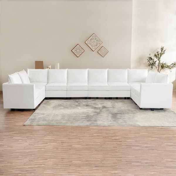 MAYKOOSH Contemporary Air Leather 10 Seater Upholstered Sectional Sofa in Bright White