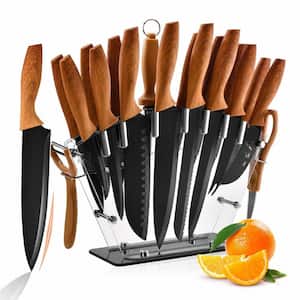 19-Piece High Carbon Stainless Steel Kitchen Knife Set with Acrylic Block and Sharpener, Brown Handles