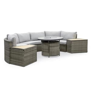 Barbuda 6-Piece Steel/Teak Wood Modular Patio Fire Pit Set With Gray Cushions and Storage Tables