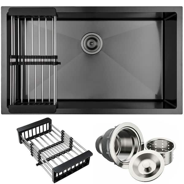 32 in. x 19 in. Undermount Single Bowl Gunmetal Black Stainless Steel Kitchen Sink with Bottom Grid and Drying Rack